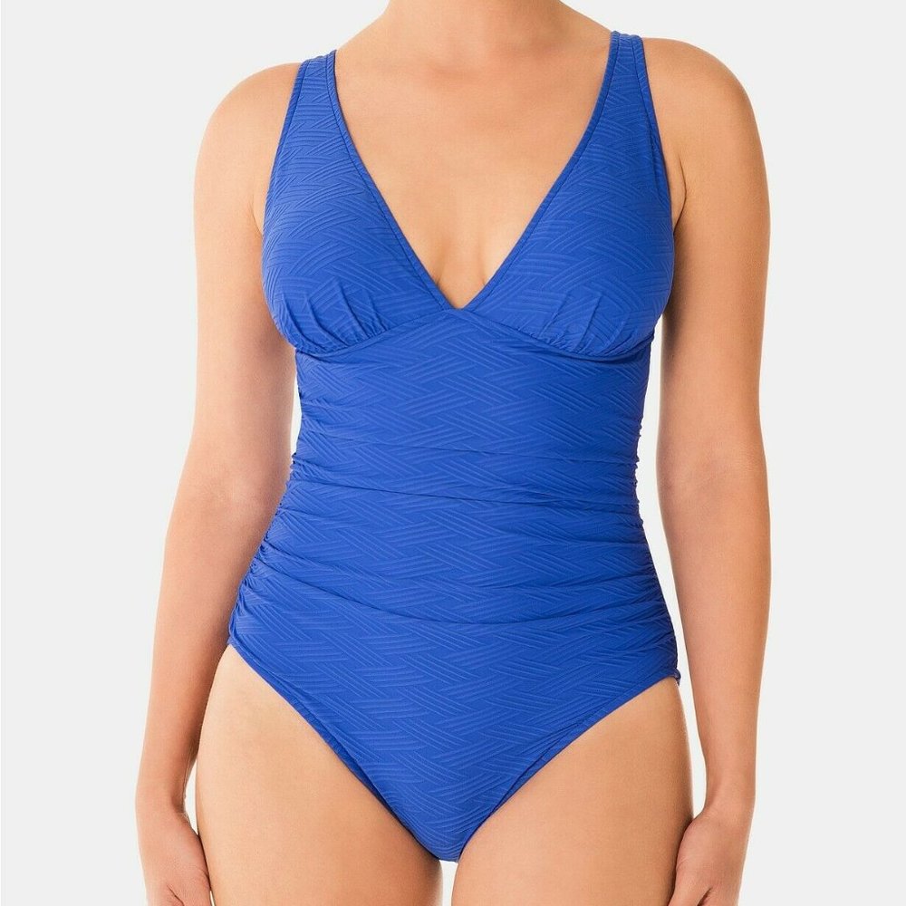 Swim Solutions One-Piece Swimsuit Textured Plunge Tummy Control Blue 10